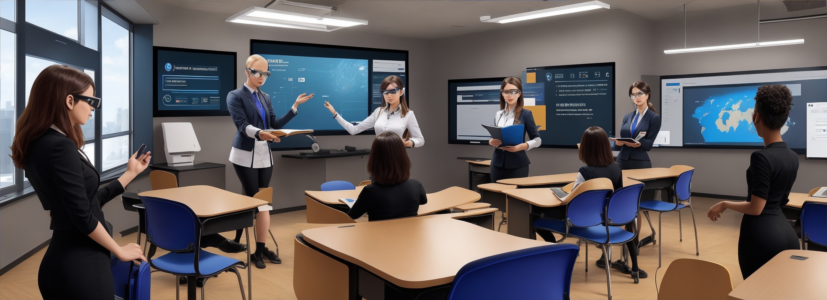 futuristic University classroom teacher and multiple students project discussion in an Augmented Reality in 2040